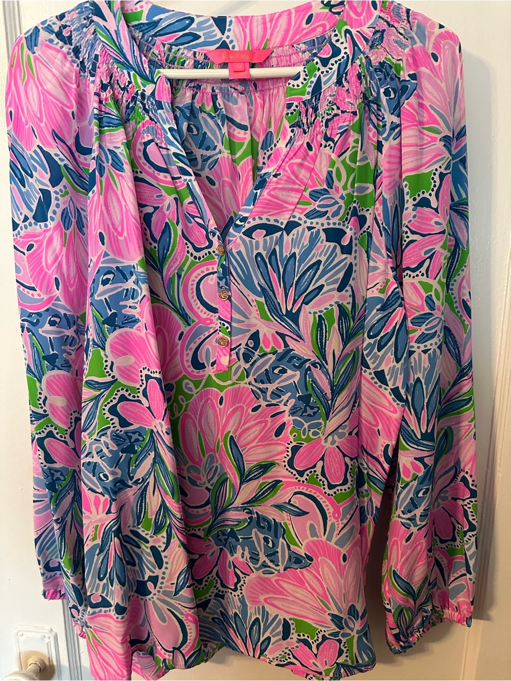 Lilly Pulitzer Pink Blue Green Floral Peasant Blouse